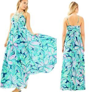 LILLY PULITZER Lannette High Tide Dancing Lady Maxi Halter Dress Size 10